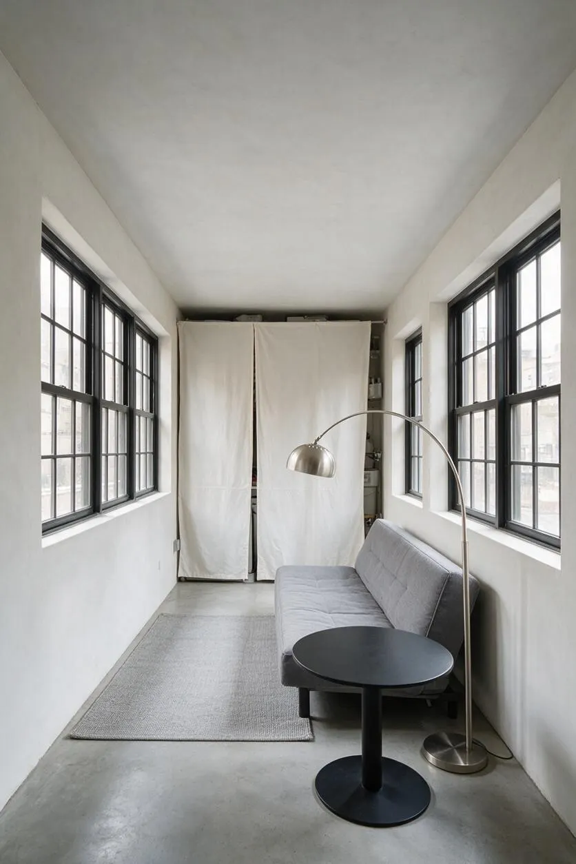 A narrow minimalist sunroom with white walls, a smooth light ceiling, and large black-framed windows on both sides. The space includes a gray sofa, a black round side table, a curved floor lamp with a metallic shade, and a simple light rug over a concrete floor.