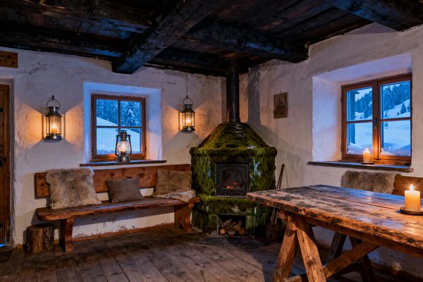 A cozy alpine rustic living room with whitewashed plaster walls, dark wood ceiling beams, and wide plank floors. A moss-clad masonry stove with a cast-iron door glows in the corner beside a long wooden bench topped with sheepskin cushions and a weathered trestle table; metal lantern sconces, an oil lamp, and candles warm the space as wood-framed windows open to a snowy mountain view.
