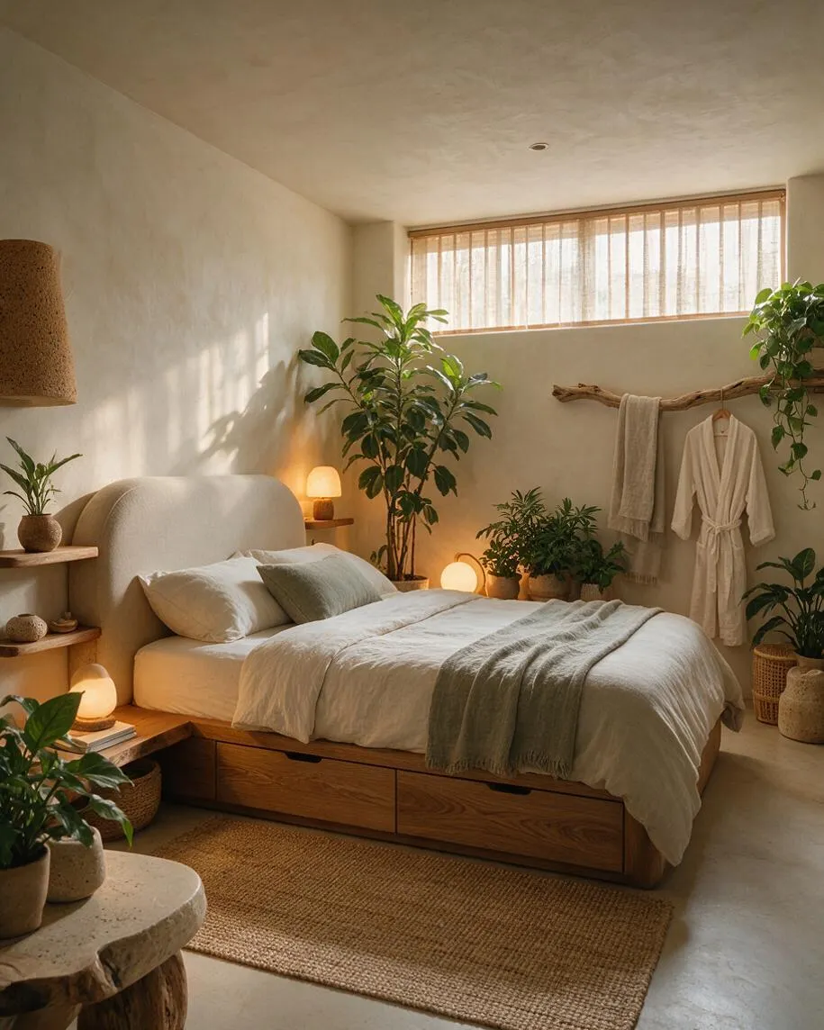 A serene guest bedroom with a low wooden bed, cream bedding, and soft green throws, surrounded by many potted plants. The room has textured white walls, a woven rug, warm lighting, and natural wood and rattan accents, with a small high window filtered by sheer curtains.