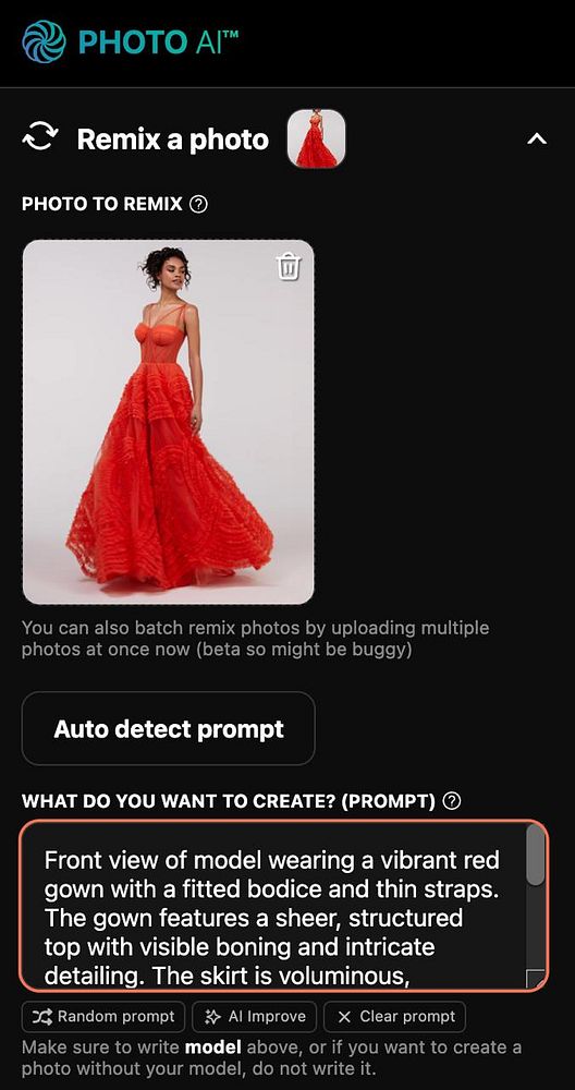 A model is showcased in a vibrant red gown within a photo remix interface.