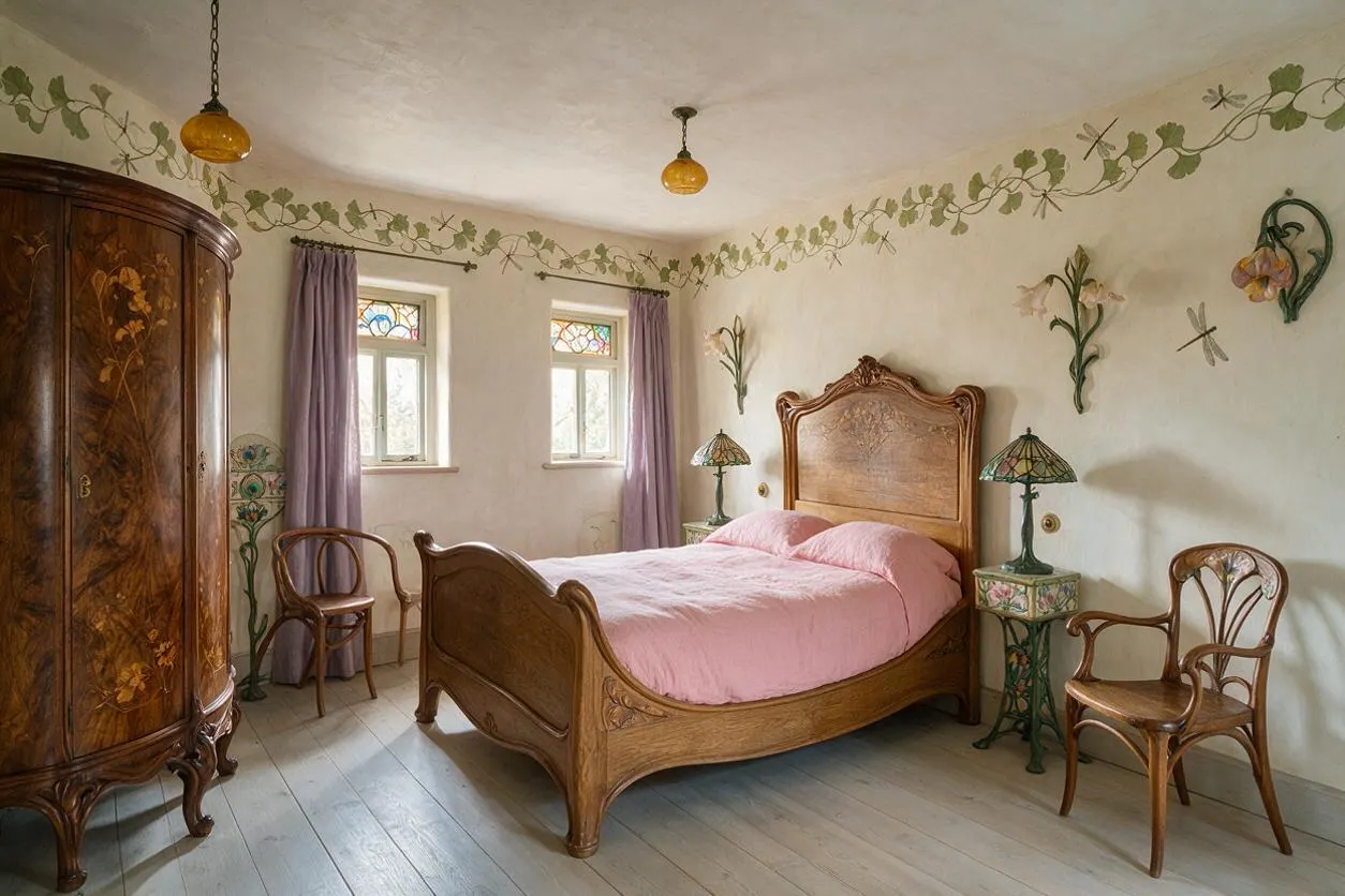 An Art Nouveau bedroom with a carved wooden bed, pink bedding, and a large matching wardrobe. The room has hand-painted floral wall motifs, stained-glass window details, lavender curtains, and decorative side tables and chairs with curving organic lines.