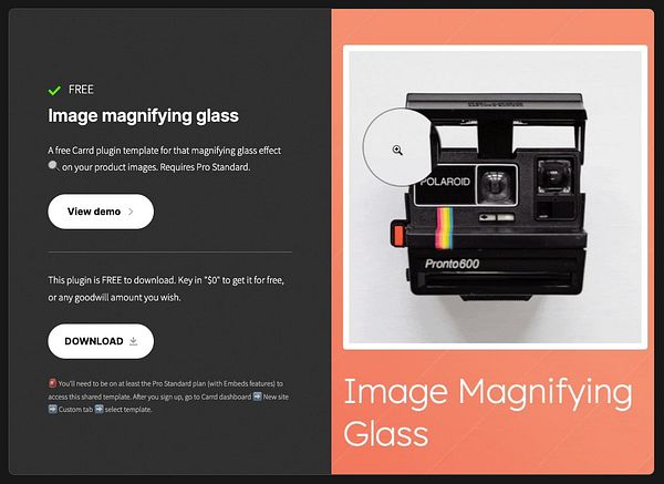 Screenshot of a Carrd.io plugin interface showcasing the Image Magnifying Glass plugin with controls and a sample magnification effect on a webpage image.