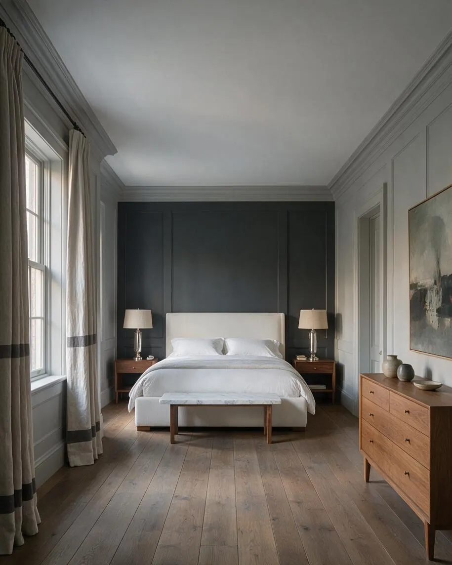 A transitional master bedroom with a white upholstered bed centered against a dark charcoal paneled accent wall. Large windows with light drapery line the left side, while warm wood nightstands and a matching dresser add balance to the calm neutral room.