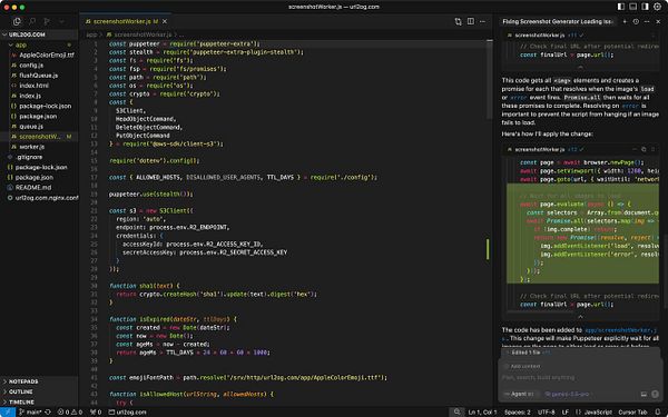 The image displays a code editor with JavaScript code related to a screenshot generation task.