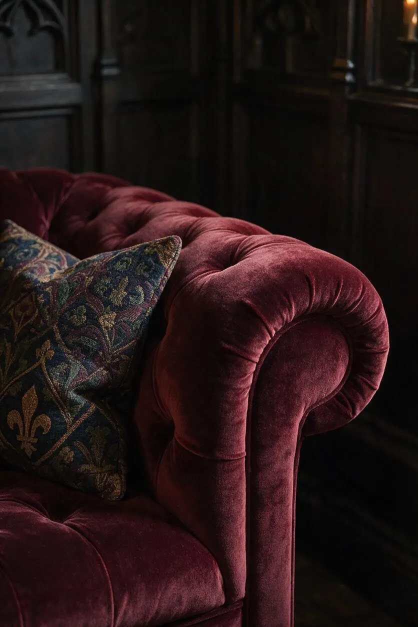 A close-up of a deep burgundy velvet Chesterfield-style sofa with rolled arms and tufted upholstery, paired with a patterned decorative cushion in jewel tones and gold. The background features dark paneled wood walls, creating a moody, Gothic-inspired interior.