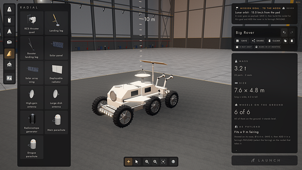 3D model of a lunar rover being designed in a spacecraft builder interface within a large hangar environment.