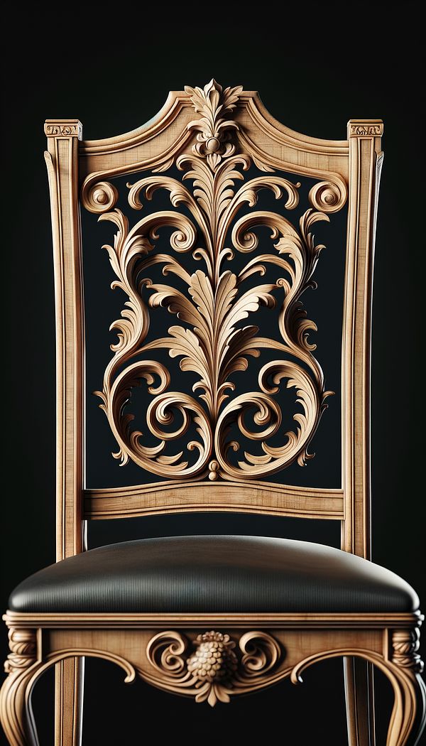 a detailed close-up of a Flemish scroll motif carved into the wood frame of an elegant chair