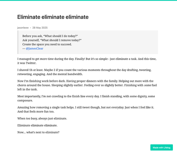 A blog post discussing the importance of eliminating tasks for better productivity and well-being.