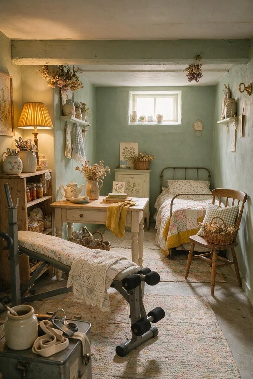 A cozy cottagecore home gym in a small mint green room with a floral-covered weight bench in the foreground, a simple metal dumbbell rack, and a rustic wooden table used for display. Soft daylight enters through a small window, and the room is decorated with dried flowers, quilts, lace textiles, and antique-style furniture.