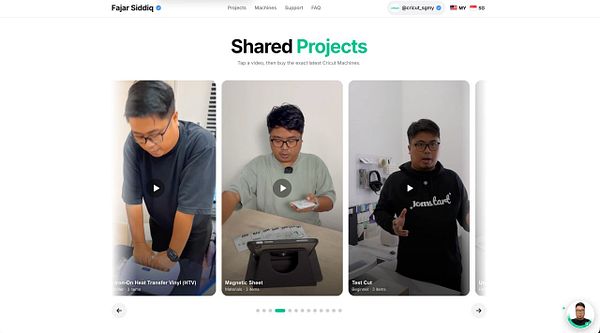Webpage showing shared project videos by Fajar Siddiq for Cricut machines.