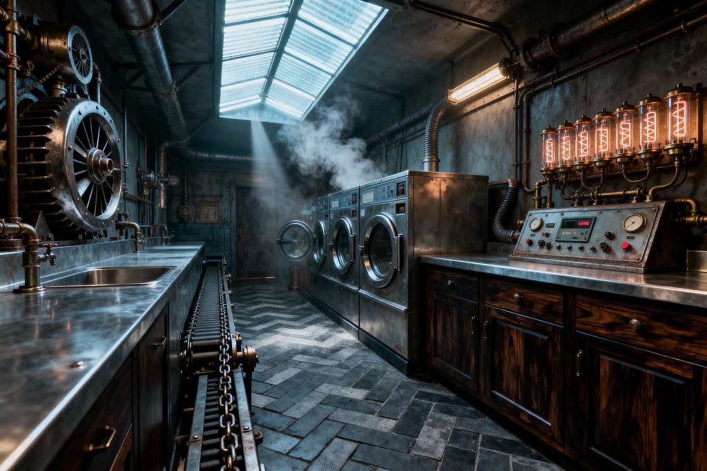 Industrial steampunk laundry room with a narrow layout and corrugated-glass skylight sending beams of daylight onto dark herringbone tile. On the right, brushed-steel front-loading washers vented by ribbed hoses sit beside a control console with analog gauges and glowing vacuum tubes. Left side features a stainless counter with sink, a large exposed gear, and a chain conveyor. Walls and ceiling show patinated metal, brass pipes, and ductwork, with steam drifting to emphasize the mechanical atmosphere.
