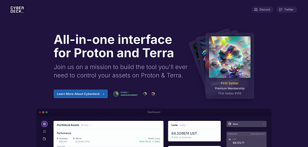 The image displays a dashboard interface for Cyberdeck, showcasing features related to managing assets on Proton and Terra.