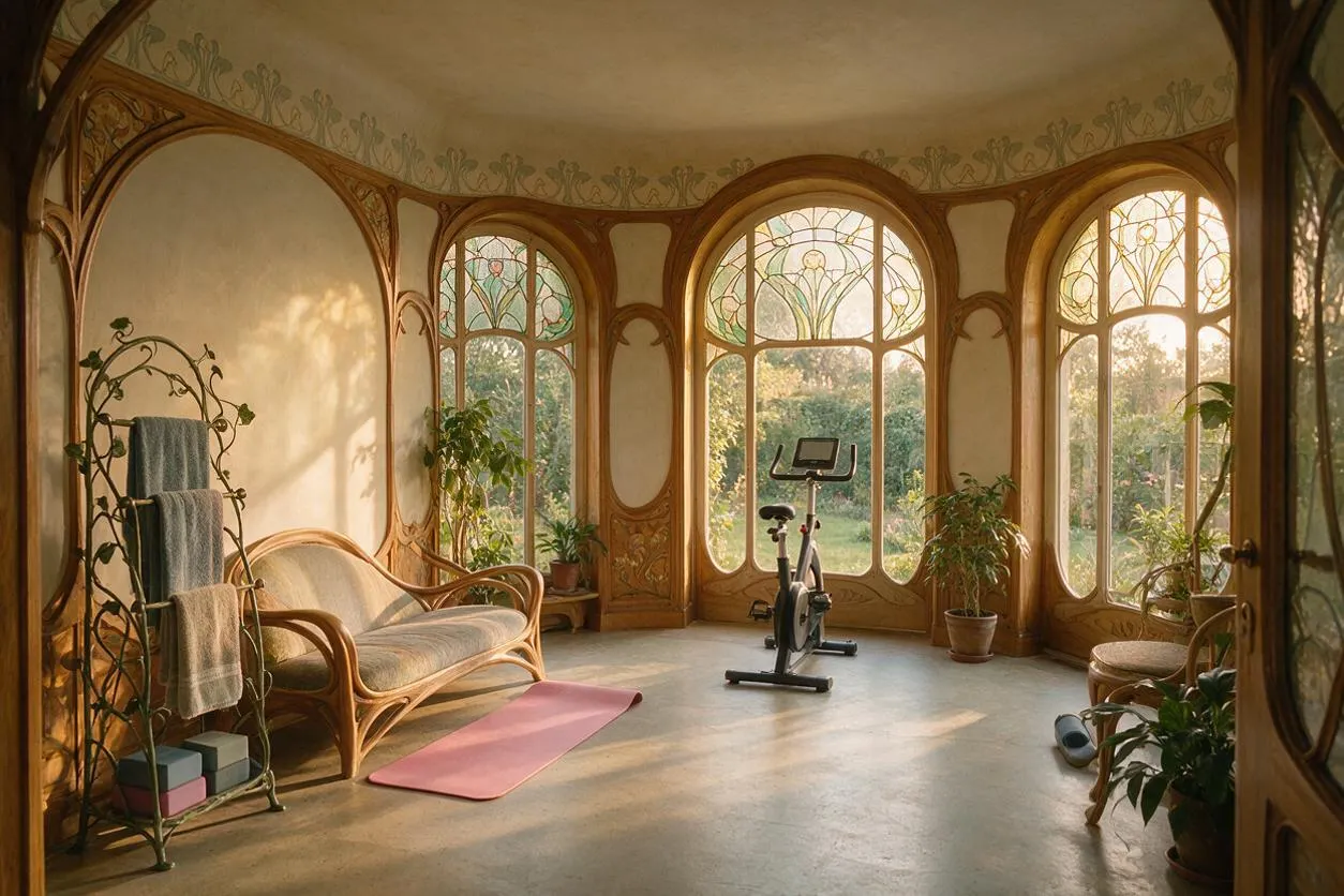 A bright home gym with Art Nouveau details, featuring tall stained-glass windows, carved wood trim, and flowing arched forms. A stationary bike sits on a smooth floor beside a pink yoga mat, woven seating, towels, potted plants, and soft daylight filling the room.