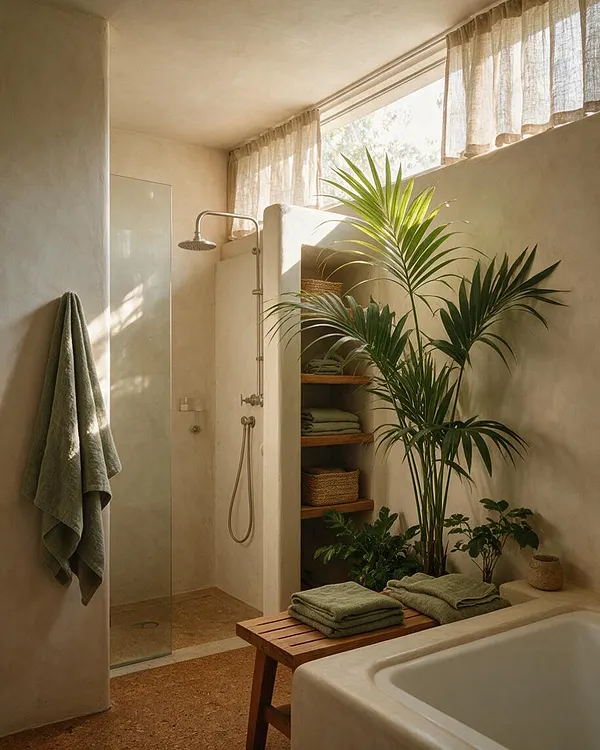 A serene master bathroom with plaster walls, a glass shower enclosure, and a built-in plant alcove filled with lush greenery. Soft daylight filters through sheer curtains over a high window, illuminating a wooden bench, folded green towels, and natural textured finishes.