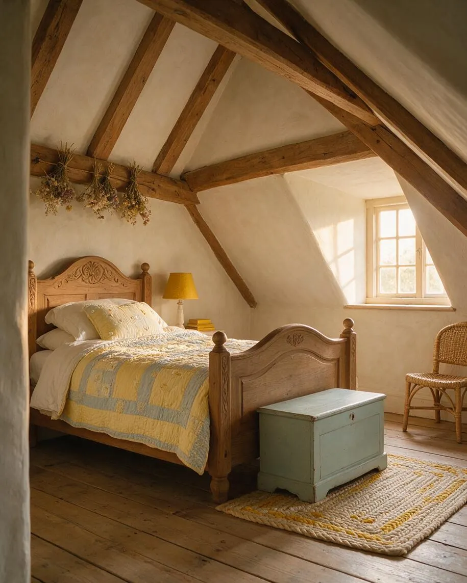 A cozy attic-style kids' room with exposed wooden ceiling beams, a carved wooden bed, and soft cream walls. Sunlight enters through a small paned window, illuminating a woven chair, a pale painted chest, and a textured yellow-and-blue quilt on the bed.