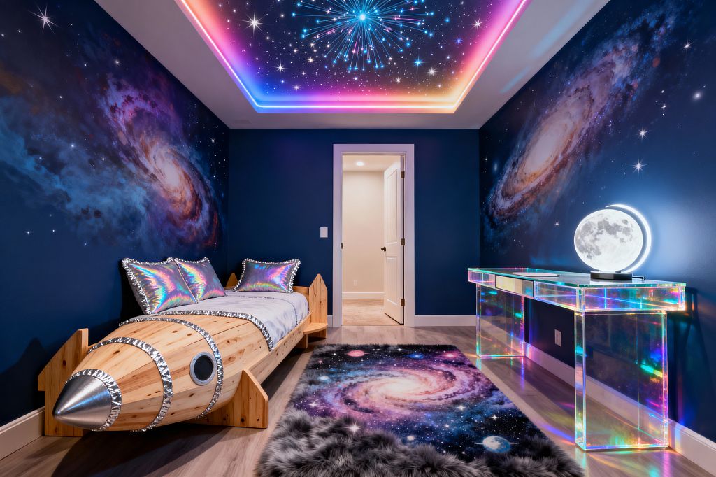 A kids’ bedroom with deep navy walls painted as swirling galaxy murals features a wooden rocket-shaped bed with silver accents and iridescent pillows on the left. A recessed ceiling shows a starburst design with pink-to-blue LED glow, while a clear iridescent acrylic desk on the right holds a glowing moon lamp. A galaxy-print rug with shaggy faux-fur edges lies on light wood flooring, and a white door centers the back wall.