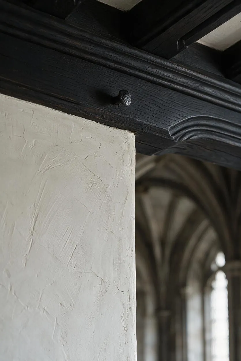 A close-up of a Gothic-inspired interior detail showing a black-painted timber beam with carved trim and a metal peg above a white textured plaster column. In the blurred background, pointed Gothic arches and tall openings suggest a vaulted church or historic hall.