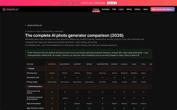 Screenshot of a competitor comparison page for photo editing AI services showing plans and features across five providers.