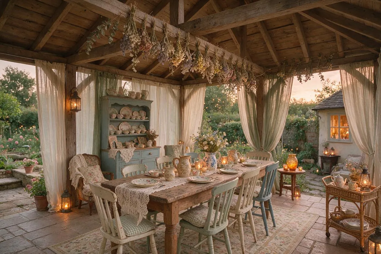 A rustic backyard pavilion with a heavy timber roof, sheer cream curtains, and dried flower garlands overhead. A long weathered wood table is set with patterned china, candles, and wildflower arrangements, surrounded by mismatched painted chairs in soft pastel tones.