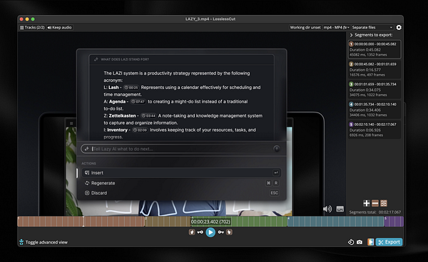 The image displays a video editing interface showcasing the LAZI productivity system.
