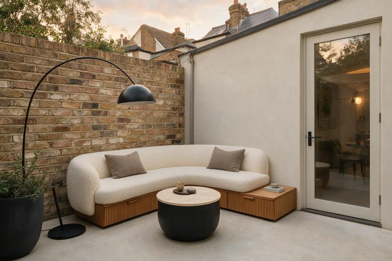 A compact modern backyard courtyard with a curved cream boucle sofa built into slatted wood bases, a round black coffee table, and a black arched floor lamp beside a brick privacy wall. A large glass door on the right reflects the warm evening light and connects the outdoor lounge to the house interior.