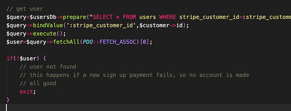 The image displays a code snippet related to user account creation and payment failure handling.