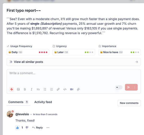 The image displays a task report with a comment section and a typo correction.