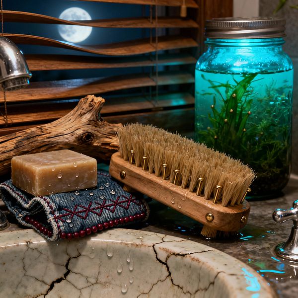 A close-up of a laundry sink styled with salvaged materials: a natural-bristle scrub brush with a wooden handle and brass pins rests beside a beige bar of soap on folded indigo denim with red stitching. Water droplets dot a cracked porcelain basin and wet counter. A glass Mason jar filled with teal glowing water and greenery acts as a makeshift lamp. Driftwood sits on the ledge, while bent wooden blinds reveal a bright full moon outside.