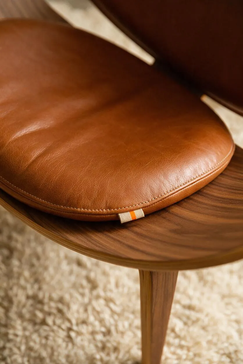 A close-up of a Mid-Century Modern chair showing a smooth cognac leather seat cushion resting on a sculpted walnut wood frame. The rounded wood seat and tapered leg highlight clean lines, warm tones, and refined craftsmanship.