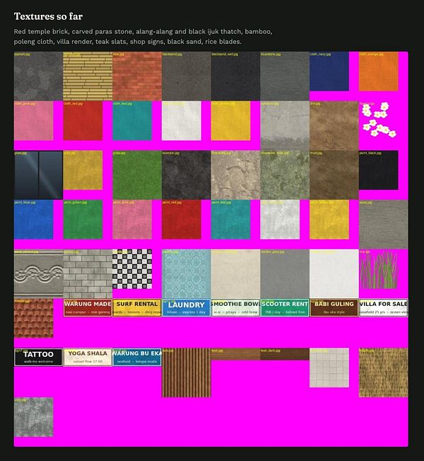 A collage of various digital texture samples categorized for a Bali Urban Terror map project, including textiles, stones, natural elements, signage, and building materials on a bright magenta background.