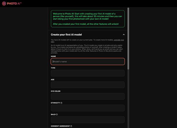 The image displays a user interface for creating an AI model on the Photo AI platform.