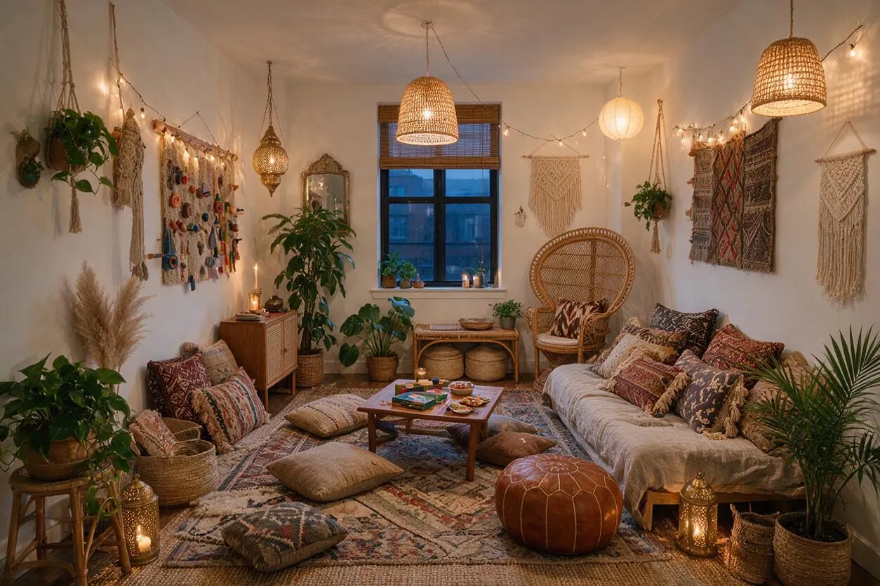 A warm bohemian game room with a low wooden coffee table, floor cushions, a patterned rug, and a soft sofa covered in neutral fabric and eclectic pillows. Woven pendant lights, macramé wall hangings, plants, and string lights create a relaxed, cozy atmosphere.
