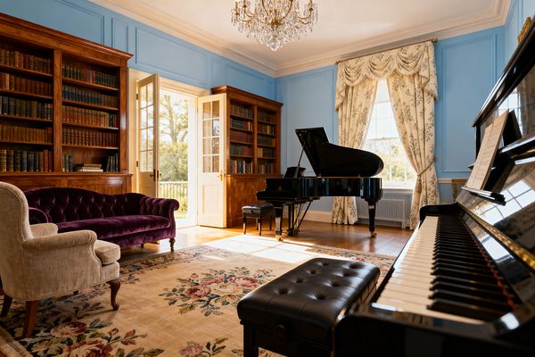 Traditional living room with sky-blue paneled walls, white crown molding, and built-in mahogany bookcases. A black grand piano stands near a sash window dressed with cream floral draperies, while an upright piano and tufted leather bench sit in the foreground. Seating includes a deep plum velvet tufted sofa and a neutral upholstered armchair on a floral wool rug over oak floors. A crystal chandelier and open French doors fill the room with light.