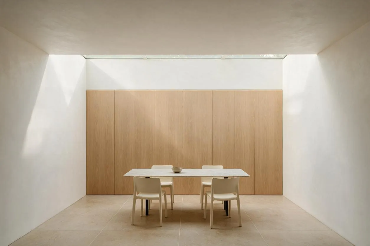 A minimalist sunroom with white walls, a pale stone tile floor, and a full back wall of light oak paneling. A simple rectangular table with four light chairs sits centered beneath a narrow skylight, creating a calm, airy space filled with soft natural light.