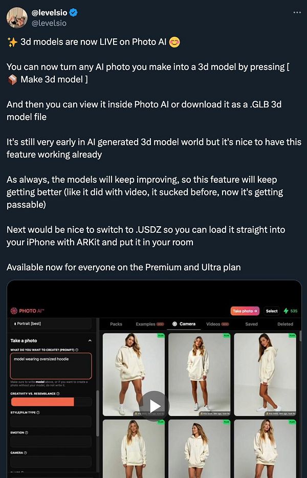 The image displays a user interface for the Photo AI application, showcasing a feature for creating 3D models from AI-generated photos.
