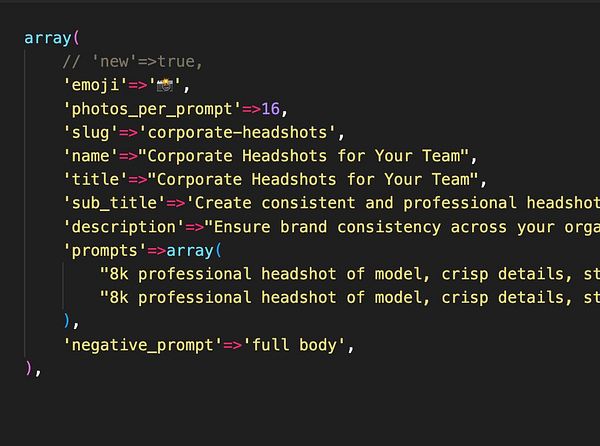 The image displays a code snippet related to a corporate headshot photo pack.