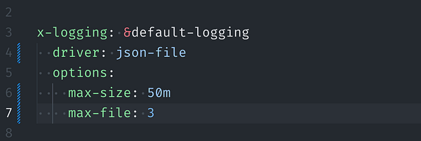 YAML configuration snippet defining common logging settings for multiple services in a Docker Compose file.