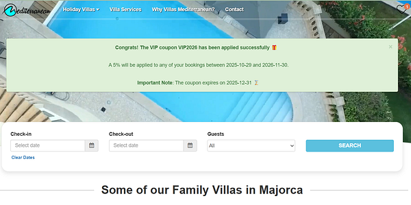 The image displays a booking interface for a villa rental website, highlighting a successful coupon application.