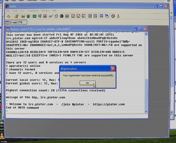 Screenshot of a registry entry for the mIRC nickname '#pieter' showing detailed server information and options.