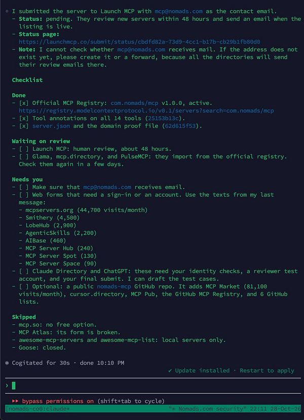 A detailed terminal output showing the submission process of a server to Launch MCP and related MCP directories, including a checklist of tasks done, waiting items, needs, and skipped actions.