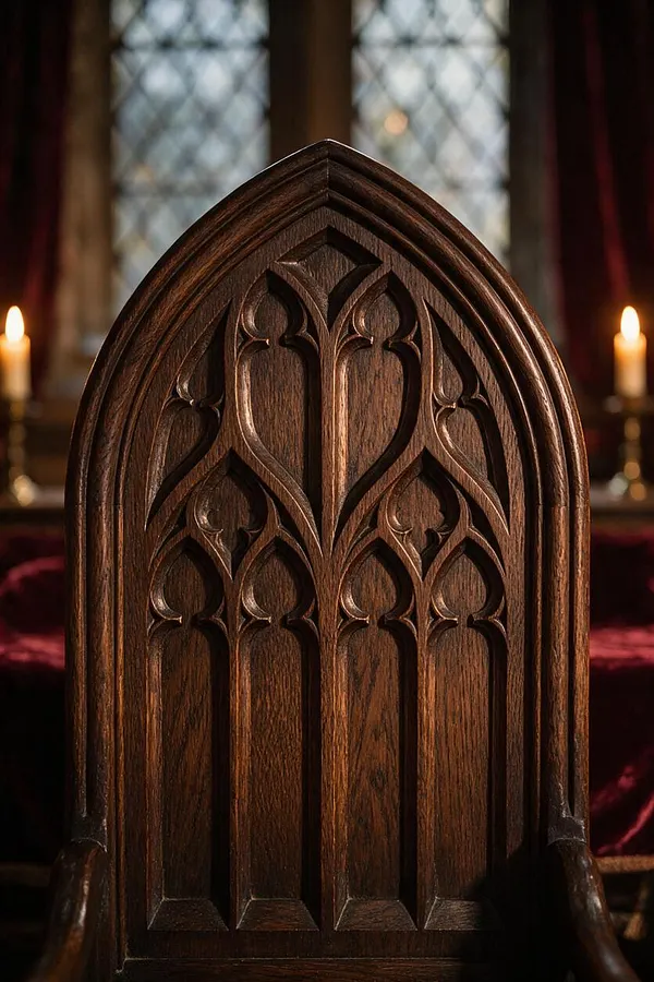 A close-up of a dark carved wooden panel or chair back in Gothic style, shaped like a pointed arch and filled with ornate tracery. Behind it are softly blurred leaded window panes and warm candlelight, creating a dim, cathedral-like atmosphere.
