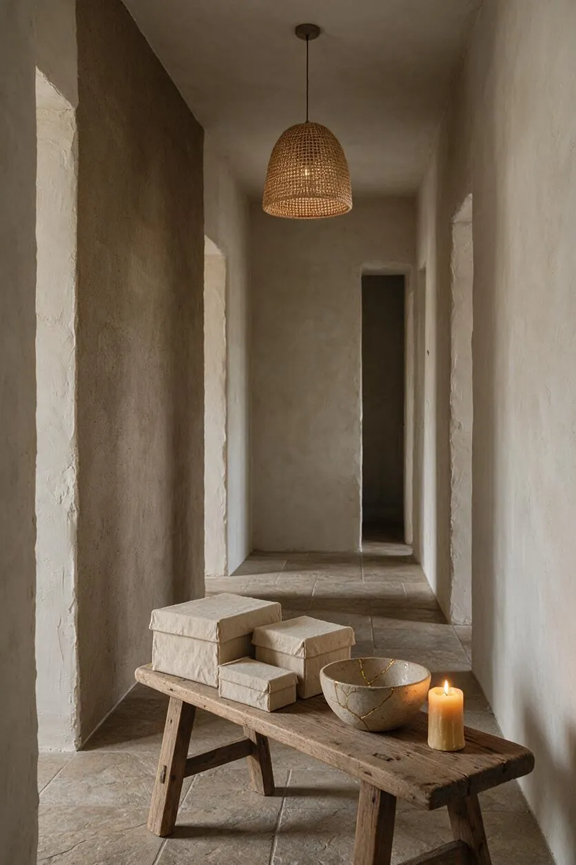 A narrow entryway with plaster walls, a woven pendant light, and a rustic wooden bench. The bench holds wrapped boxes, a cracked ceramic bowl, and a lit candle, creating a warm, minimalist Wabi-Sabi atmosphere.