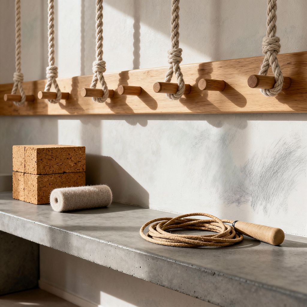 Close-up of a minimalist Scandinavian home gym shows a wall-mounted oak peg rail with thick natural ropes casting shadows across a pale, limewash-effect wall. Below, a raw concrete shelf holds two stacked cork yoga blocks, a small felt-covered roller, and a natural fiber jump rope with a wooden handle, all lit by warm natural light.