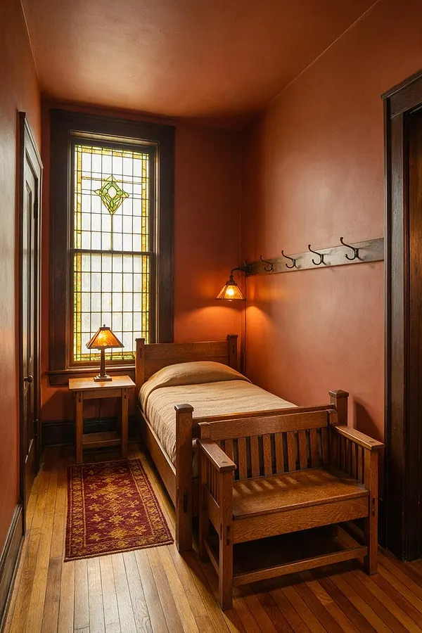 A narrow Craftsman-style bedroom with warm terracotta walls, a single wooden bed, and matching wood bench at the foot of the bed. A stained glass window brings in soft light above a small side table and lamp, while a wall-mounted coat rack and patterned runner add character.