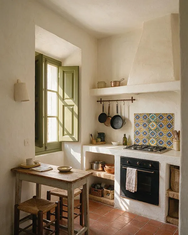 A sunlit Mediterranean-style kitchen with plastered white walls, a pale green shuttered window, and a rustic wood table with woven stools. The built-in stove area features a black oven, hanging pans, open shelving, terracotta floor tiles, and a colorful patterned tile backsplash.