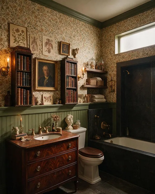 A moody master bathroom styled in Dark Academia fashion, featuring floral wallpaper, green wainscoting, a dark wood vanity, brass fixtures, and a black tub surround. The walls are decorated with framed botanical prints, antique-style portraits, and shelves filled with books, jars, and folded linens, creating a scholarly, vintage atmosphere.