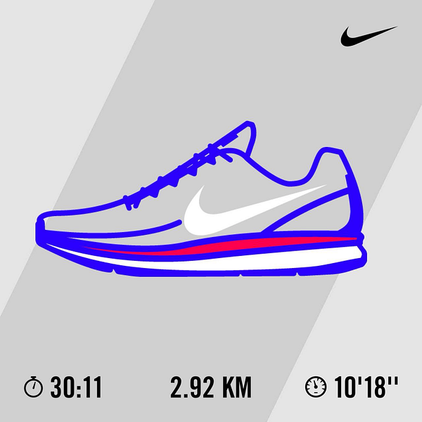 The image displays a stylized representation of a running shoe alongside running statistics.