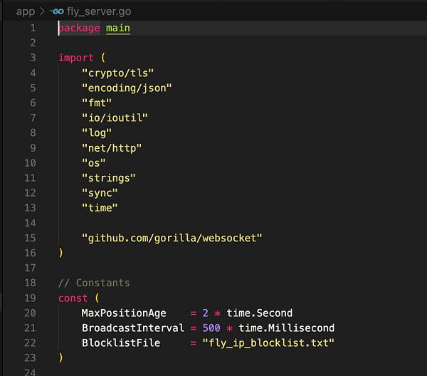 The image displays a code snippet written in Go for a multiplayer server.