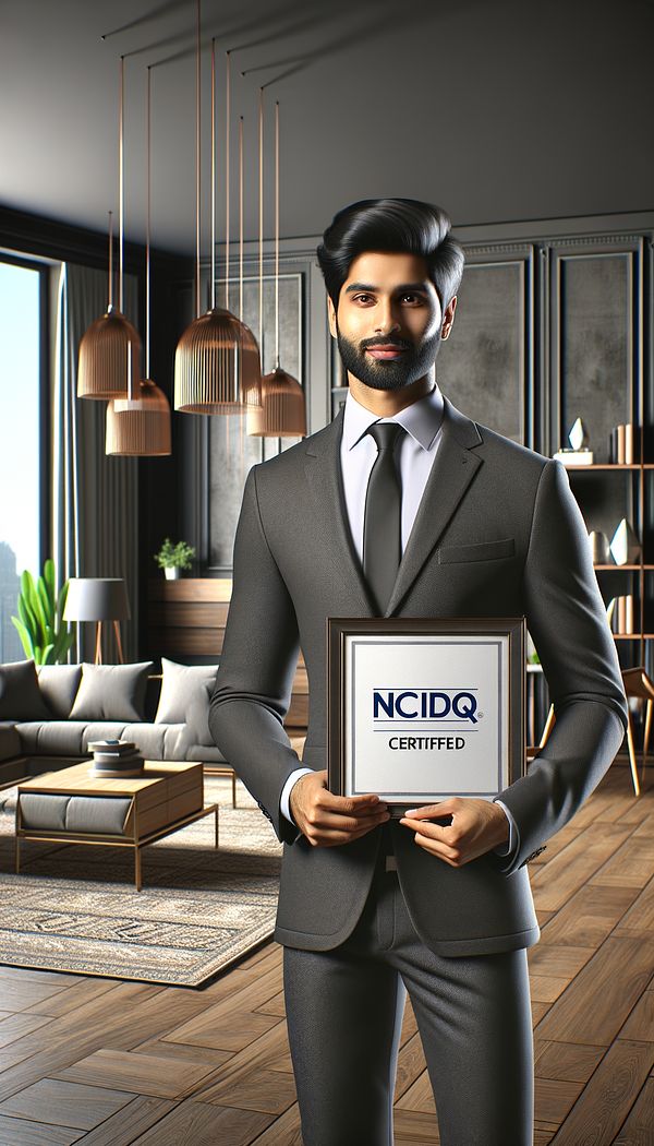 An image showing a professional interior designer holding a certificate with "NCIDQ Certified" visibly printed on it, standing in a modern, well-designed interior space.