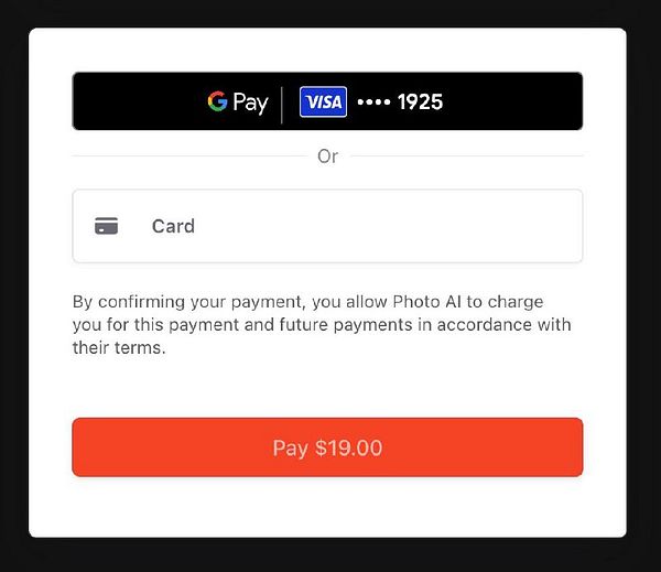 The image displays a payment interface for Photo AI, offering options to pay via Google Pay or credit card.